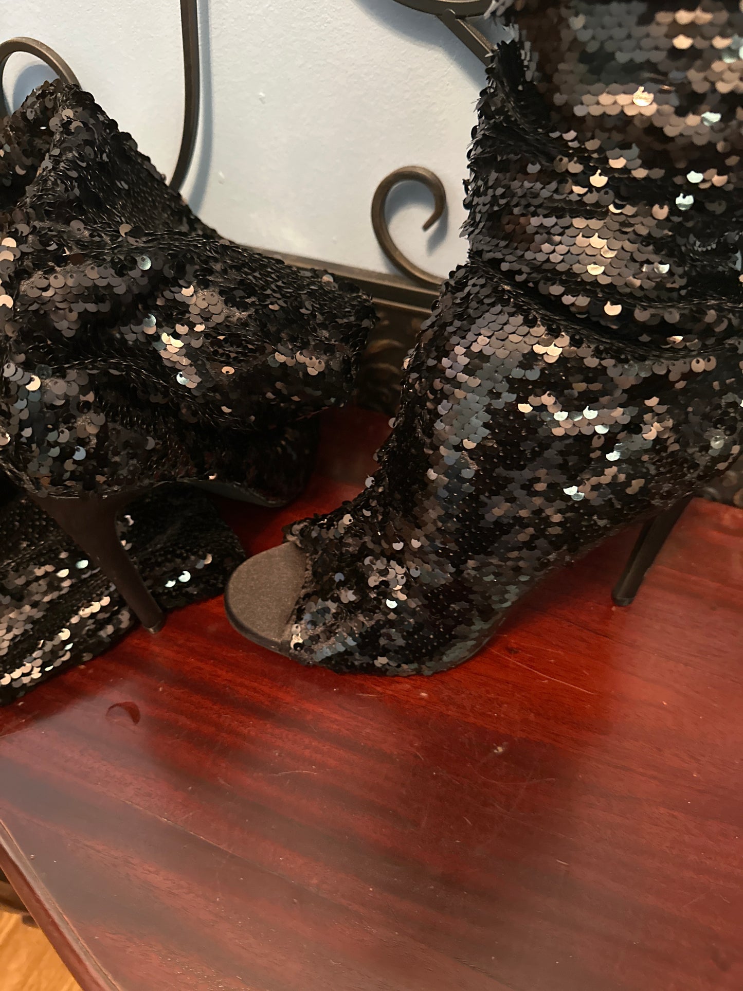 Black sequin thigh high boots